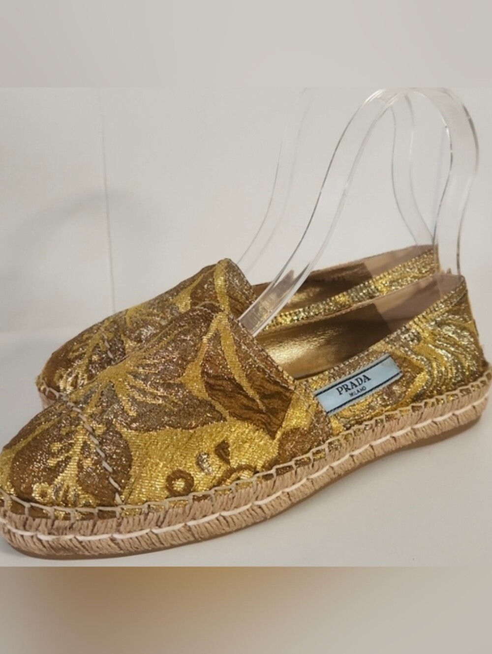 PRADA Milano Metallic Gold Espadrilles for Women Size 37.5 EU Gorgeous!
